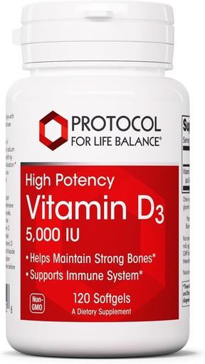 [BRSWIY3YC4NGGEY5] PROTOKOL FOR LIV BALANCE - D3- vitamin 5000 IE (høj potens) støtter Calcium Absorption, Knogler og dental sundhed, immunsystemet funktion, nervesystemet, og kognitiv funktion - 120 Softgels