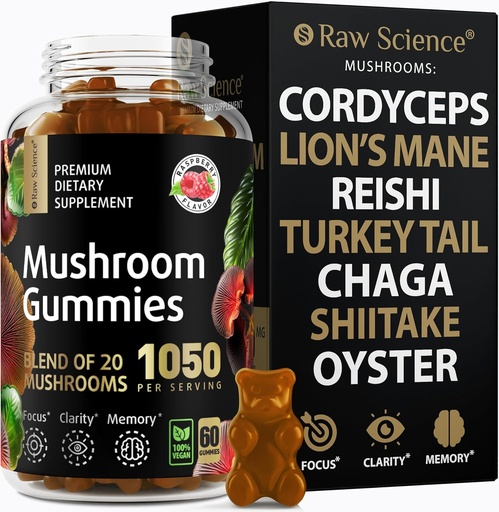 [BRSROH35OYPGM3TK] Mushrooms Complex Gummies with Lions Mane, Nootropic Brain Supplements for Memory and Focus: Lion's Mane, Cordyceps, Shiitake, Turkey Tail, Reishi, Chaga, Enoki, Oyster Mushroom Supplement - 60 Units