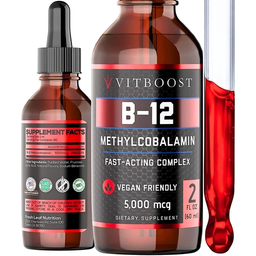 [BRSWGFQYOUOWAAL6] VITBOOST Vegan Liquid B-12 Drops – 60 x 5000 mcg Extra Strength Raspberry Flavored Vitamin B12 Liquid Methylcobalamin sublingual Supplement | Designed to Maximize Absorption & Energy | Gluten Free