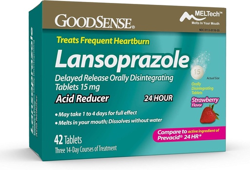 [BRSWGZALCAHQA3YV] GoodSense Lansolazole Забавяне на освобождаването Перорално разграждащи се таблетки 15 mg, Acid Reduceer, Ягодов аромат, 42 броя (пакет от 1)