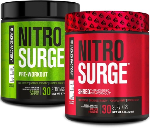 [BRSRMAQKCAOQGDLO] Jacked Factory Nitrosurge Pre-Workout i Green Apple & Fruit Punch Nitrosurge Shred Thermogenic Pre-Workout för män och kvinnor
