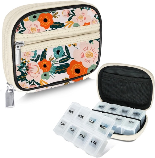 [BRSROGQQBACWKAIV] Serfeymi Weekly Travel Pill Organizer Pill Case for Purse with Removable 7 Day Pill Box, Fashionable Travel Medicine Organizer Pill Container for Medicine, Vitamin, Supplement - Bloom 01 + Pill Box
