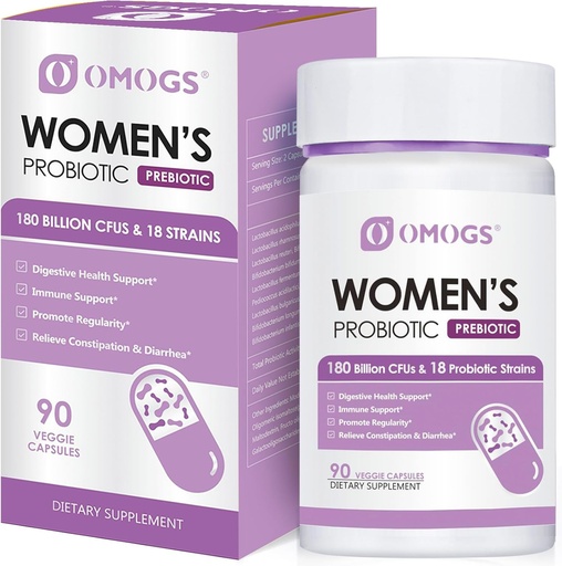 [BRSROC34PIMQGELF] OMOGS Women' Probiotic 180 billionion CFUs 18 Strains, with Organic Prebiotics, Cranberry Extract, D-Mannose & Digestive Enzymes, for Digestive, Boost Immune, PH Balance " Urethral Health, 90 Capsules