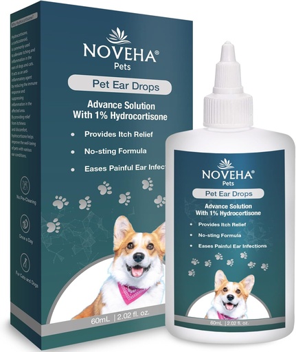 [BRSROFD3O55WAE34] NOVEHA Pet Ear gotas con 1% Hydrocortisone ← Limpiador de oído para perros &amp; gatos para la acumulación de Earwax, Fórmula de No-Sting, Calms Itch &amp; Reduce las infecciones dolorosas del oído 60ml (Pack of 1))