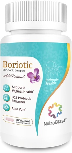 [BRSWGZY7AV6GG3LU] NutraBlast Boric Acid Vaginal Suppositories Complex w/Aloe Vera & FOS Prebiotic Enhancer | All Natural Boriotic | Made in USA (30 Count)