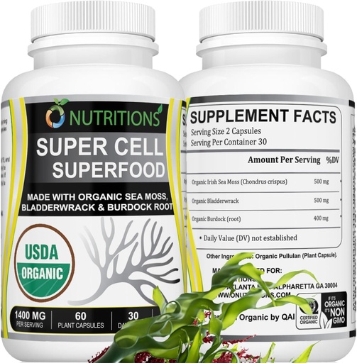 [BRSWGBQCDFYAGHTU] Sea Moss 60 Capsules USDA Certified Organic Irish Sea Moss Capsules with Bladderwrack & Burdock Root – Immune Support Supplement for Men and Women – Womens Vitamins and Mens Vitamins (1 Pack)