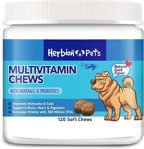 [BRSWYHQYCEBA4ET7] Herbion Kæledyr Multivitamin Chews med mineral & Probiotika, Forbedrer Immunitet & Coat, Understøtter fordøjelse, hjerne & hjerte sundhed, lækker naturlig And Flavor, Hundetillæg & vitaminer, pakke med 1
