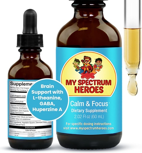 [BRSW2AA7BYPQOC3H] Min Spectrum Heroes Calm & Focus Supplement Drops - Brain Support med L-Theanin, GABA, Huperzine A - Förbättra fokus för barn eller vuxna - öka koncentrationen för barn & tonåringar - 2.02 FL oz. (60 ml)