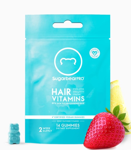 [BRSROA37OUMB42TO] SugarBearPro Hair Vitamin Gummy 14 Day Supply Extra Strength Biotin 6000mcg, Growth for Men & Women, Vegan Vitamin B12, MSM, Inositol, Omega 3, Elderberry, Certified Kosher, Halal, Cruelty-Free