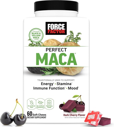 [BRSROYIHAR6BO2DJ] FORCE FACTOR Perfect Maca, Maca Root和DIM 配有萨夫龙对促进能量和Mood,配有黄黑马卡,维他命,矿物,以及抗氧化剂,暗樱桃火焰,60软楚普