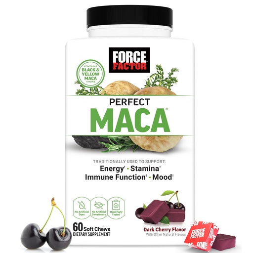 [BRSROYIHAR6BO2DJ] Force Factor Perfect Maca, Maca Root and DIM Supplement with Saffron to Boost Energy and Mood, with Yellow and Black Maca, Vitamins, Minerals, and Antioxidants, Dark Cherry Flavor, 60 Soft Chews