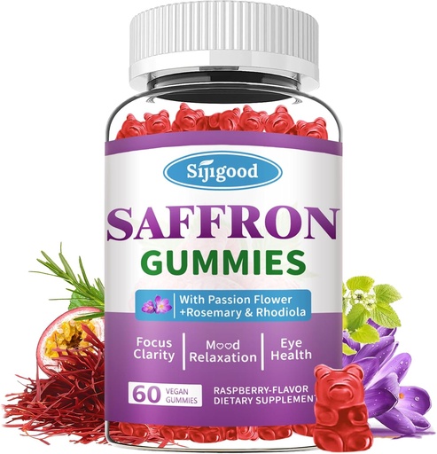 [BRSRAAYFOV5RMFI7] Saffron Gummies - Sugar Free Saffron Supplement для чоловіків Жіночий настрій Підтримка добавки з Saffron Extract, Палкий квітка, магній і вітаміни для релаксації, фокус, Малина Flavor, 60 граф