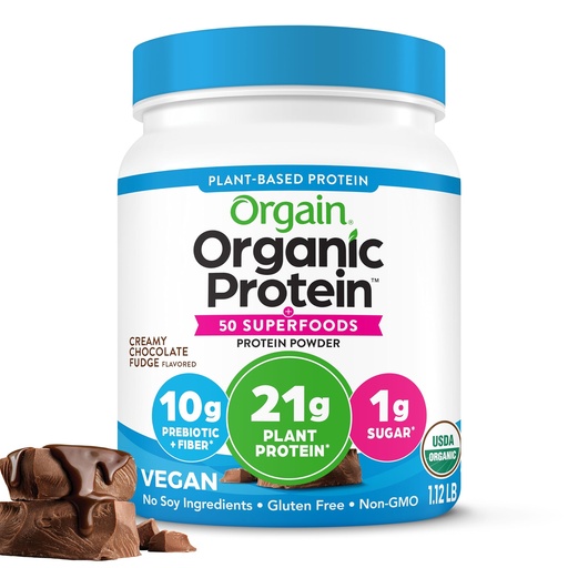 [BRSWGHAEBVYA4AY7] Orgain Organic Vegan Protein + 50 Superfoods Powder, Creamy Chocolate Fudge - 21g Plant Based Protein, 10g Prebiotic Fiber, No Lactose Ingredients, Gluten Free, No Added Sugar, Non-GMO, 1.12 lb