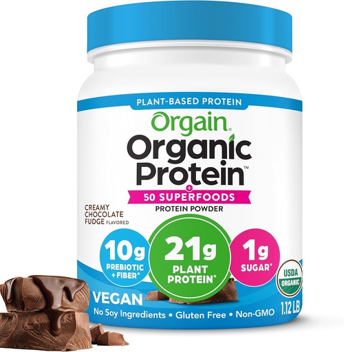 [BRSWGHAEBVYA4AY7] Orgain Organic Vegan Protein + 50 Superfoods Powder, Creamy Chocolate Fudge - 21g Plant Based Protein, 10g Prebiotic Fiber, No Lactose Ingredients, gluten Free, No Added Sugar, Non-GMO, 1,12 lb