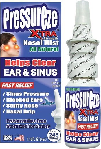 [BRSWG2Y2C4JWMD37] Pressureze Xtra - Natural- Preservative Free - Sterile Nasal Spray - for Severe Sinus Congestion Relief - Opens Blocked Ear Canals, Snoring - 245 Sprays, 34 ml (Pack of 1)