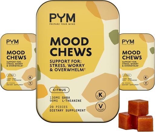 [BRSRMAQQDJ5RU2T4] PYM Citrus Mood Chews Support for Stress, Worry & Overdubm, 60 Hrabia 124; 130mg GABA, 90mg L- Theanine Bilans 124; Wegan, Non-GMO, Gluten- Free, Nie dodano cukru 124; All- Natural Mood Balance Supplement Made in USA
