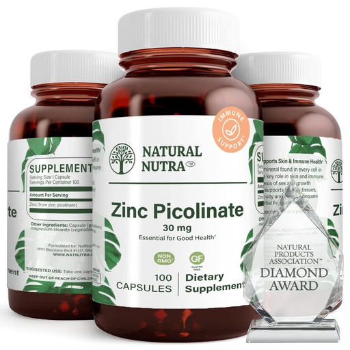 [BRSWGEI3CB4BMFLZ] Natural Nutra Zinc Picolinate 30 mg, Double Strength, Raw and Pure, Highly Bioavailable Supplement for Growth and Immune Support, Helps Promote Skin Health, Helps Support Metabolic System 100 Capsules