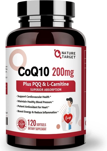 [BRSW2A3RAFYQE33U] NATURE TARGET CoQ10-200mg 配有 PQQ L-Carnitine & Omega-3s, 高吸收Coenzyme-Q10 配有 BioPerine, 支持心脏和免疫系统, 细胞-能源生产, 120 服务