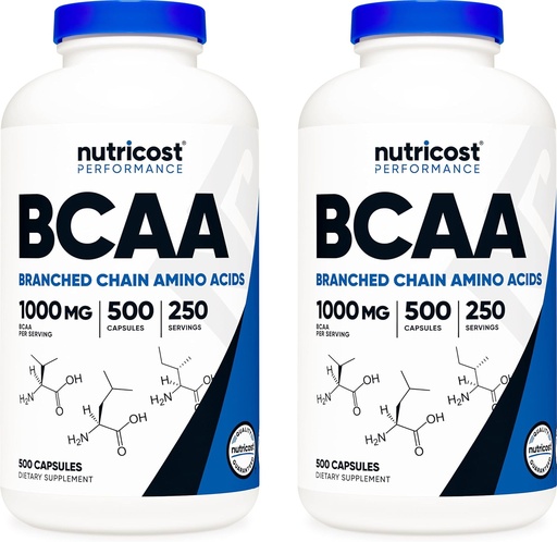 [BRSWKF3QBYOQGH3E] Nutricost BCAA 1000mg, 500 Capsules (250 Serv), 2:1:1 Branched Chain Amino Acids (500mg of L-Leucine, 250mg of L-Isoleucine and L-Valine) (2 Bottles)