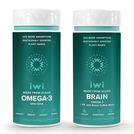 [BRSRMEICBENRQDLK] Iwi Omega-3 & Brain Omega-3 Bundle, 30 Servings, Vegan Plant-Based Algae Omega 3 with EPA + DHA, Krill & Fish Oil Alternative, No Fishy Aftertaste