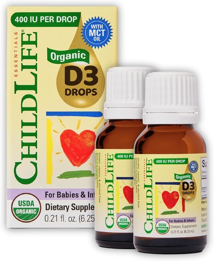 [BRSRAZQRBEORM3D4] CHILDLIFE ESSENTIALS Organic Vitamin D3 Drops for Infants & Newborns - Baby Vitamin D Drops, 400 IU per Liquid Drop, Immune & Bone Health Support, USDA Organic, Flavorless - 0.21 Fl Oz (2 Pack)
