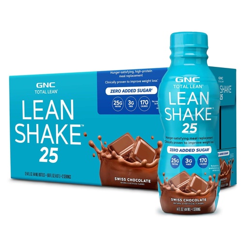 [BRSWGHAZDNYQEHT4] GNC Lean Shake 25 Protein Shake, Kliinisesti todistettu painonhallinta, Aterian korvaaminen, 25g Proteiinia nolla lisätty sokeri, valmis juomaan, Sveitsin suklaa, pakkaus 12