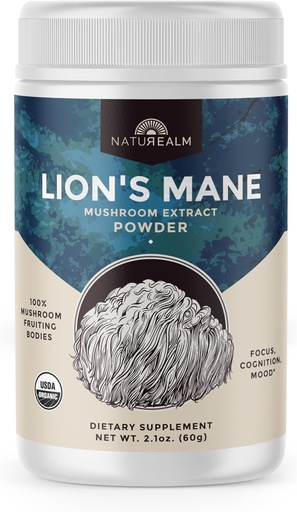 [BRSROAYCAQHGYFYZ] Naturalm Lion's Mane Mushroom Powder - Organisk hjernestøtte for fokus Minne mental klarhet - Ikke GMO Kognitiv funksjon - 60 Serveringer