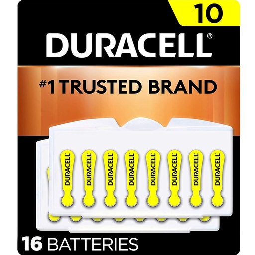 [BRSWGHT2ORYAOHQ4] Duracell Hearing Aid Batteries Yellow Size 10, 16 Count Pack, 10A Size Hearing Aid Battery with Long-Lasting Power, Extra-Long EasyTab Install for Hearing Aid Devices