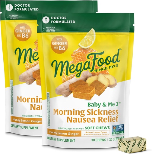 [BRSW2BQROZ5AADLP] MegaFood Baby & Me Prenatal Morning Sickness Relief, Ginger Chews, with Vitamin B6, Made Without 9 Food Allergens, Honey Lemon Ginger Flavor, 30 Chews (Pack of 2)
