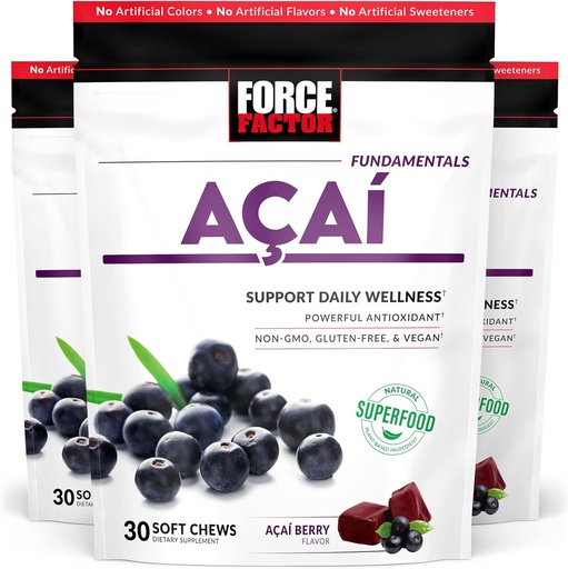 [BRSRMFDROEPQ4GT4] Force Factor Acai Soft Chews for Immuunisupport, Oksidatiivinen Stressi puolustus, Superfood ja antioksidantteja täydentää, ei-GMO, Gluteenittomat, ja Vegan, Acai Berry Flavor, 30 Soft Chews, 3-pakkaus