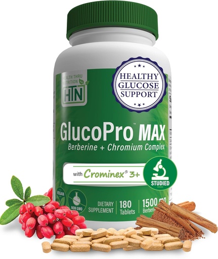 [BRSWYBD5PIOWGADO] Health Thru Nutrition GlucoPro Max - with 1,500mg Berberine, Chrominex + Chromium, and 1,000mg Cinnamon | Vegan, Non-GMO, Gluten Free | Pack of 180