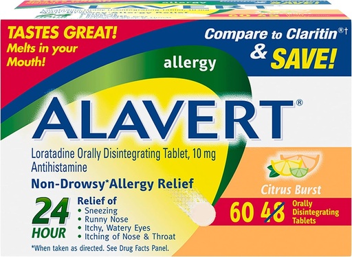 [BRSWIYDRAIGWEDTI] Alavert Alergy 24 Hour Relief, Citrus Burst Flavor, Iekšķīgi Sadalot Alergy tabletes, Ne- Drowsy Antihistamīna, Loratadine 10mg, 60 Count
