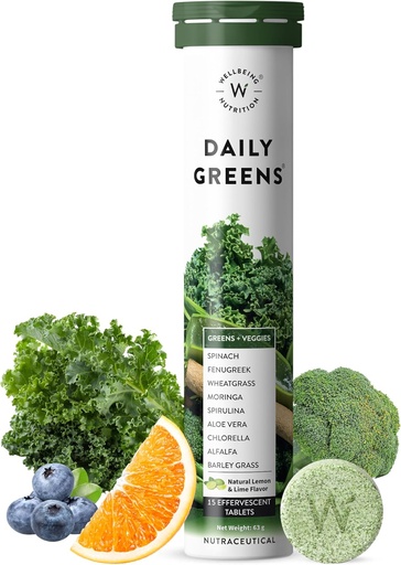 [BRSWGCYHBB7QEYLK] WELLBEING NUTRITION Daily Greens | Natural Lemon and Lime Flavour | 15 Tablets 63g (2.22Ounce)