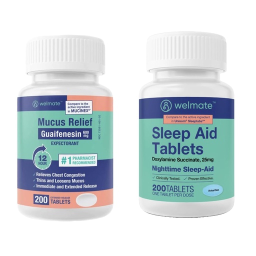 [BRSROBQ3DJ5QIG3G] WELMATE Nighttime Wellness Bundle: Mucus Relief Guaifenesin 600mg Mucus Relief (200 Ct) & Doxylamine Succinate 25mg Sleep Aid (200 Ct) | Extended Relief for Restful Sleep