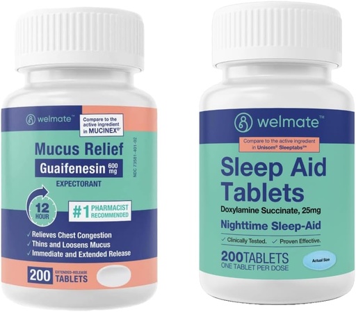[BRSROBQ3DJ5QIG3G] WELMATE Nighttime Wellness Bundle: Mucus Relief Guaifenesin 600mg Mucus Relief (200 Ct) & Doxylamine Succinate 25mg Sleep Aid (200 Ct) | Extended Relief for Restful Sleep