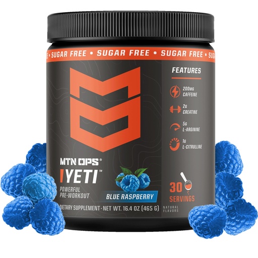 [BRSRAZAKBEOQY2TD] MTN OPS Yeti Pre-Workout Powder with Creatine, Blue Raspberry | 200mg Caffeine, Creatine, Beta-Alanine & BCAAs, Energy & Performance