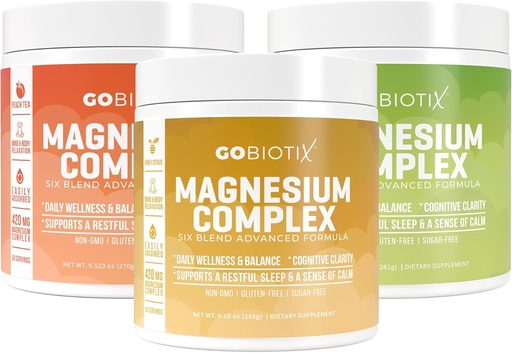 [BRSROCAEBYCWKG3A] GoBiotix Magnézium Complex Powder Trio - 420mg, 60 szerva - Méz Citrus, Citrom Lime, Barack Tea