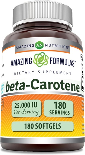 [BRSWECTQDMIAIDT5] Amazing Formulas Beta-Carotene Supplement | hizmet başına 25000 IU | 180 Softgels | Non-GMO | Gluten-Free | Made in USA
