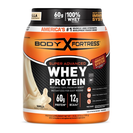 [BRSRMGAFAECQKHQV] Body Fortress Super Advanced Whey Protein Powder, Gluten Free, Vanilla, Immune Support (1), Vitamins C & D Plus Zinc, 1.74 lbs