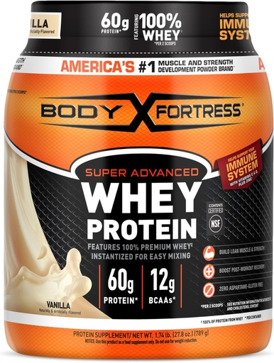 [BRSRMGAFAECQKHQV] Body Fortress Super Advanced Whey Protein Powder, Vanilja, Immuno Support (1), Vitamiinit C & D Plus Sinkki, 1,74 lbs