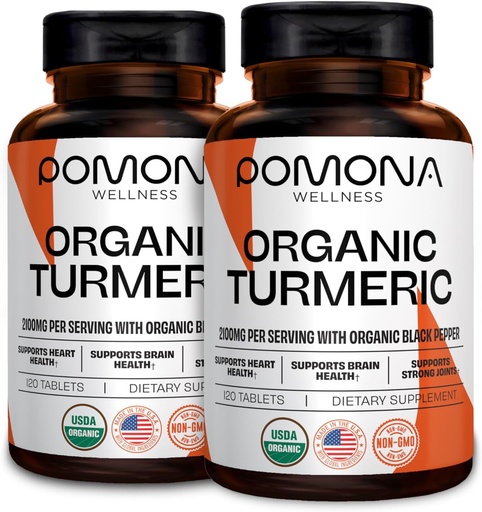 [BRSRMGAQCV6RQ236] Pomona Wellness Organic Turmeric Supplement 2100 mg, USDA Organic, Non-GMO, Vegan, Turmeric Curcumin with Black Pepper for Absorption, for Joint Support and Immunity, 240 Tablets (2 Pack)