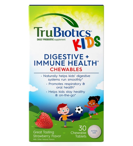 [BRSW2AYNOF4AECDA] TruBiotics Probiotics for Kids Digestive & Immune Health Support, Sugar-Free Chewable Kids Probiotic to Help Maintain a Healthy Tummy, Natural Strawberry Flavor, 30 Tablets