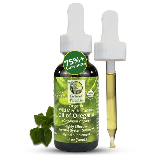 [BRSWYHQQAB5R6CLG] Center of Paradise Wild Mediterranean Oil of Oregano with 75%+ Carvacrol (1 fl oz) Certified Organic Drops in Extra Virgin Olive Oil for Immune & Respiratory Support, Approximately 450 Servings
