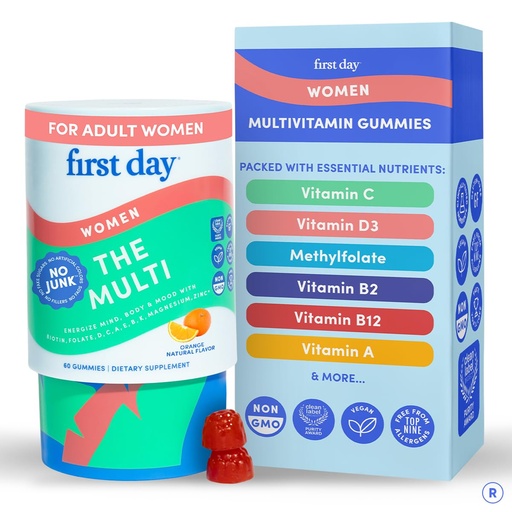 [BRSRAHAHDMBRGGQY] FIRST DAY Women's Multivitamin Gummies for Energy, Hair & Overall Health – Daily Multivitamin with Organic Superfood Blend, Methylated Folate, Zinc & Biotin – Vegan, No Junk, 60 Gummies