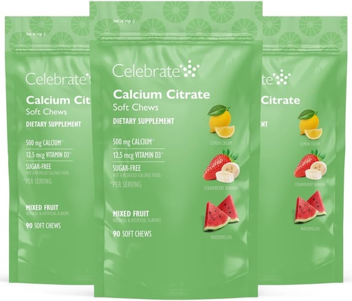 [BRSROGI2OANBMG3G] Celebrate Vitamins Bariatric 500mg Calcium Citrate Soft Chews with 500 IU Vitamin D3 – Essential for Gastric Bypass Patients & Bone Health - Sugar & Gluten Free, Fruit (270 Chews)