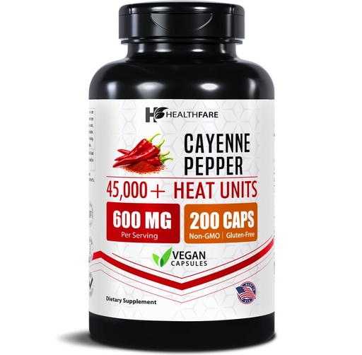 [BRSRAZQROBYRGYDK] Healthfare Cayenne Pepper Capsules | 200 Vegan Pills | 45,000 Heat Units (HU) | Cardiovascular, Circulation & Digestive Support | High Potency Herbal Extract | Non-GMO, Gluten-Free | Made in USA