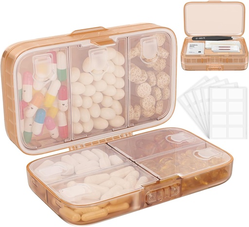 [BRSRAAT5CJ7QIFAU] FY Weekly Pill Organizador con etiquetas,8 Compartments Travel Daily Pill Case Airtight Moistureproof Large Pill Box para manter vitaminas, aceite de peixe, Suplementos, Swab de algodón e Bandages-Brown