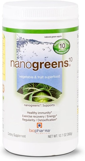 [BRSWIYIQCAPRMHDC] Biopharma Scientific NanoGreens: Greens Superfood Fruits & Légumes Poudre pour la santé digestive et l'immunité avec Spiruline, Chlorella, Kale, Épinards, à base végétale, Saveur de pomme verte, 30 portions