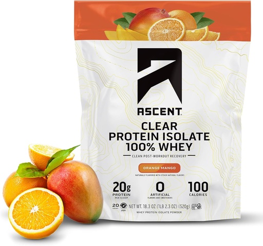 [BRSRAFITAQBBEG3Z] Ascent 100% Clear Swhey Protein Powder - Post Cvičenie, Zero Umelé príchute a sladidlá, Gluten Free, 5,5 g BCAA, 2,1 g Leucín, Essential Amino Acides, Orange Mango, 20 Servings