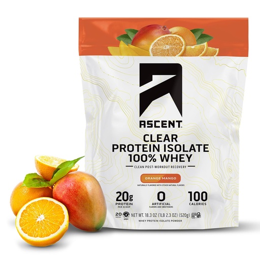 [BRSRAFITAQBBEG3Z] Ascent 100% Clear Whey Protein Powder - Post Workout, Zero Artificial Flavors & Sweeteners, Gluten Free, 5.5g BCAA, 2.1g Leucine, Essential Amino Acids, Orange Mango, 20 Servings